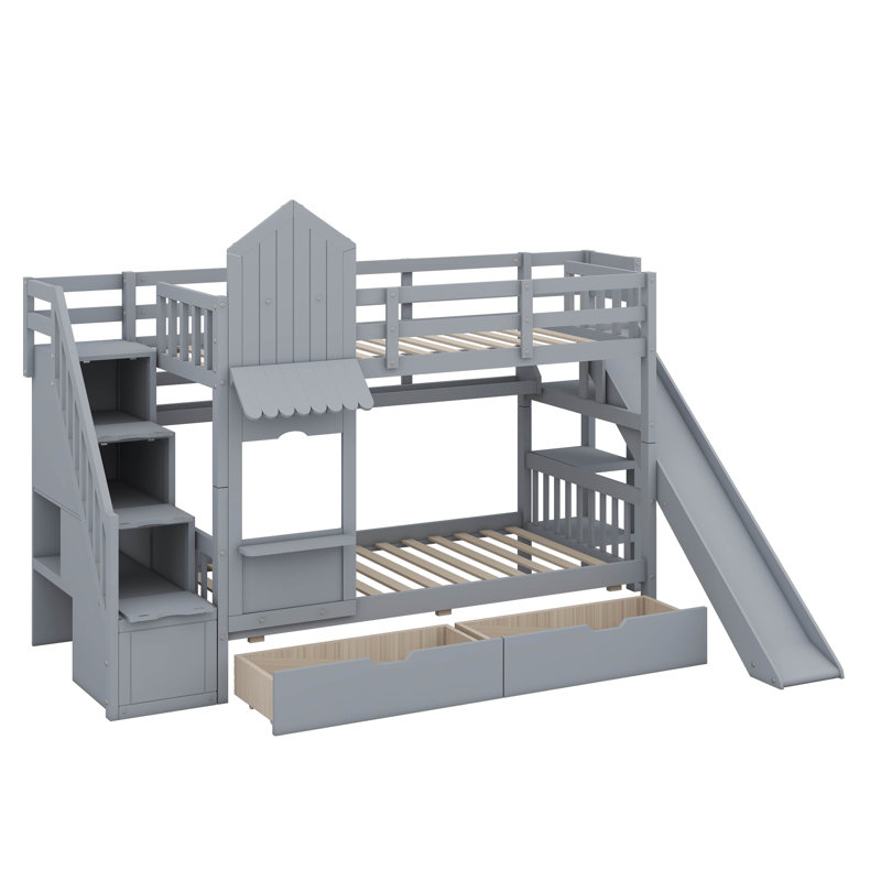 Full-Over-Full Castle-Themed Bunk Bed With 2 Drawers, 3 Shelves And Slide, Gray