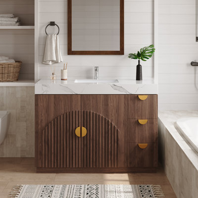 Armoire de salle de bain 48 po en bois avec comptoir en pierre, meuble-lavabo autoportant à 2 portes et 3 tiroirs avec poignées dorées, meuble de rangement moderne Mid-Century