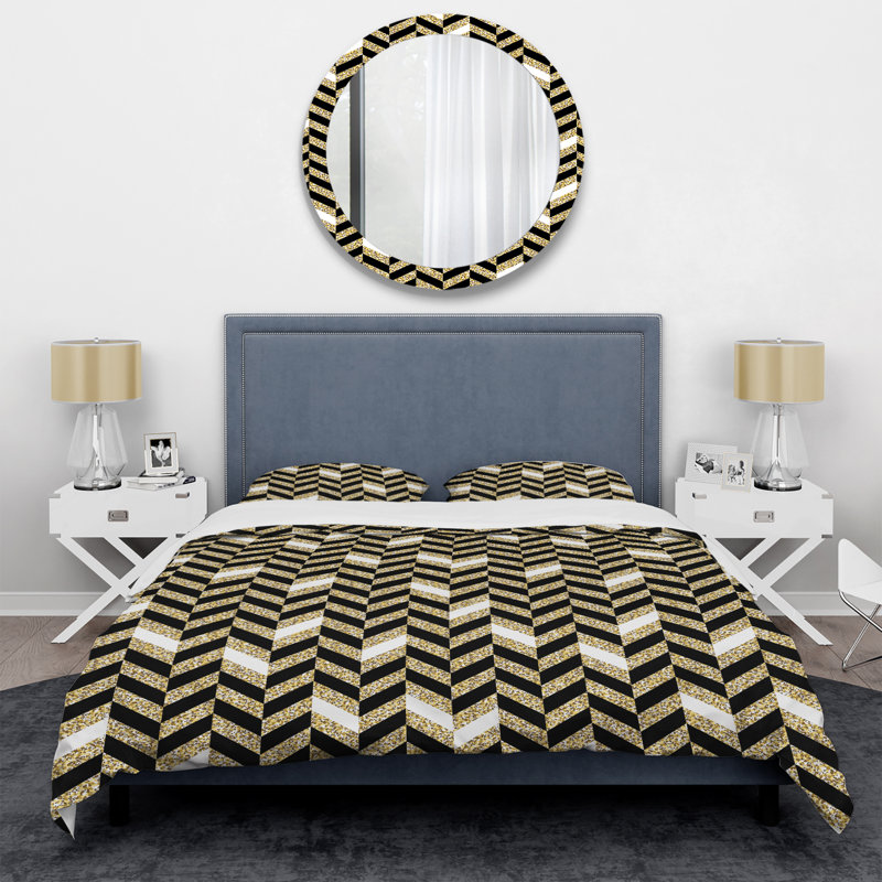 Ensemble de housse de couette en microfibre doré / noir 3 pièces, Housse de couette pour grand lit et 2 taies décor