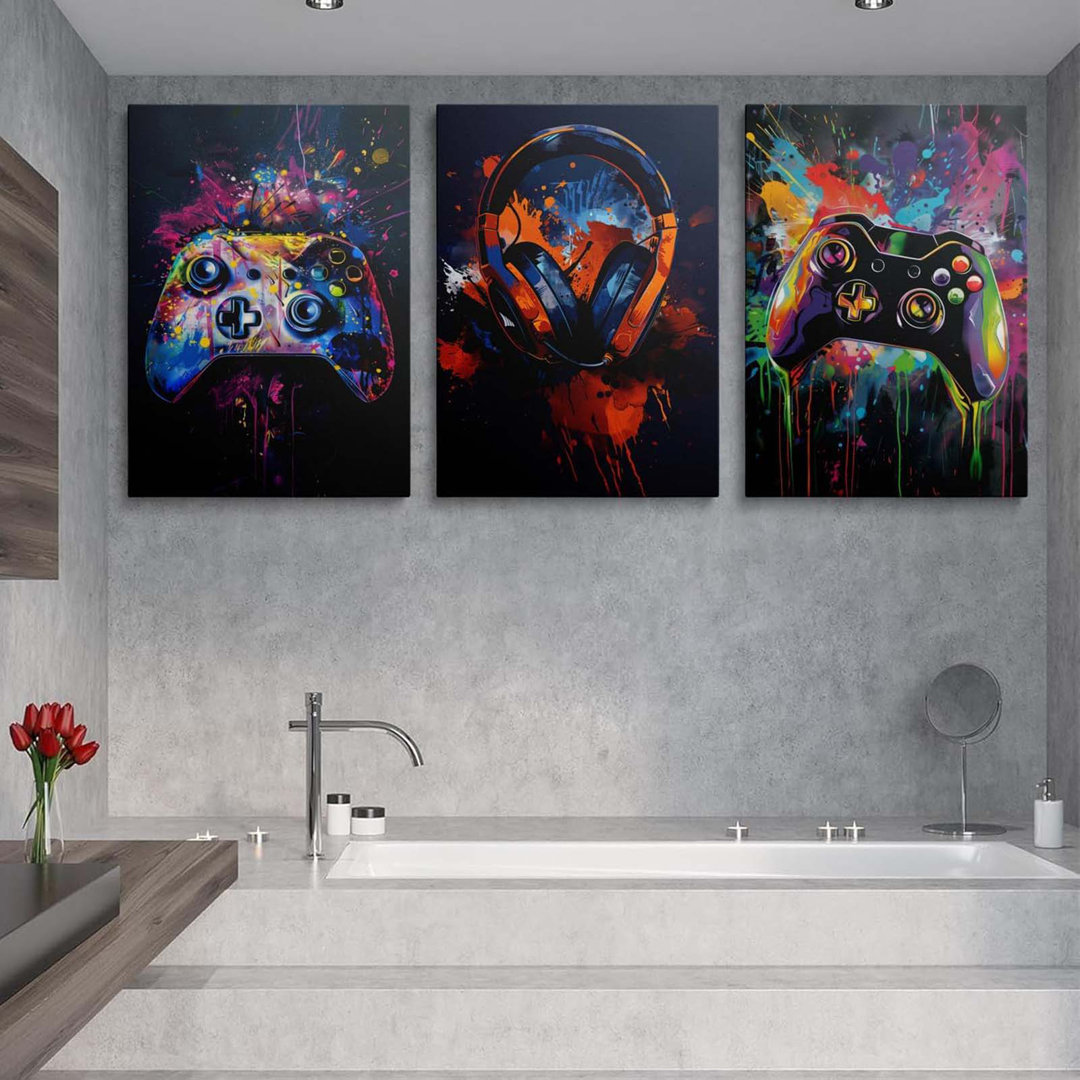 Gaming Room Decor For Cool 3Pc Canvas Wall Art With Graffiti & Neon Vibes - Gamer Wall Decor For Teens & Gamers - Awesome Gifts For Bedroom, Desk Or B