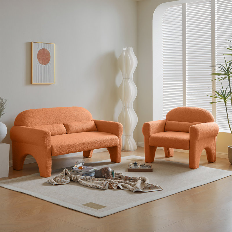Modern Orange Boucle Loveseat and Accent Chair Set