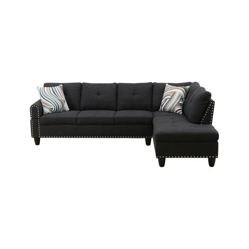 Canapé modulaire en L avec porte-gobelet en forme de L - Noir-Droite, Mousse noire, bois, Réversible, Does Not Apply