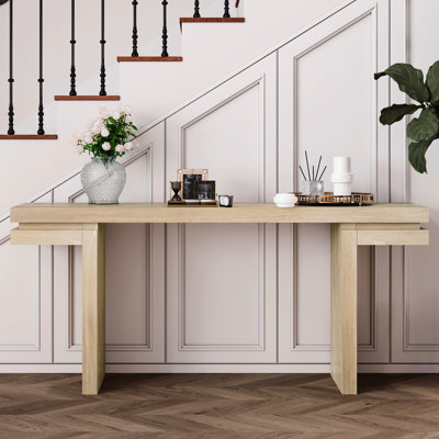 66" Extra Wide Console Table In Distressed Oak, Real Wood Veneer, For Entryway, Hallway And Office, Smart Storage Veneered Table, Minimalist Style With Oak Finish, Behind Couch Multiple Use Cases