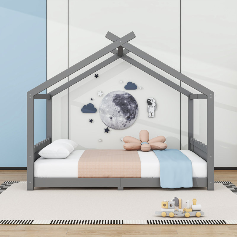 Wood House Floor Bed With Slats, Gray, Queen