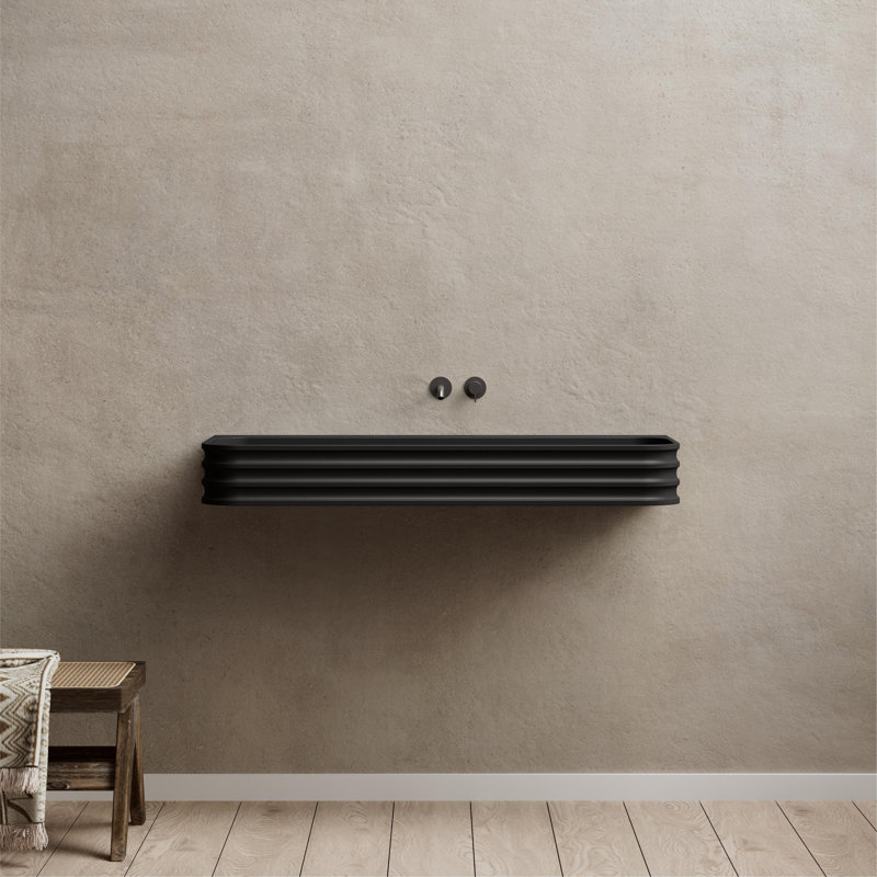 Lavabo de salle de bain cannelé à fixation murale rectangulaire à surface solide 31,5 po x 18 po Monblari, Noir mat