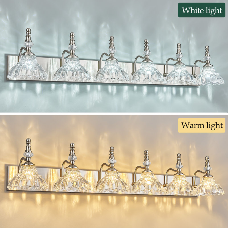 Luminaire de salle de bain 6 lumières rétro en nickel avec abat-jour en verre fleuri sur miroir, Nickel, Six lumières