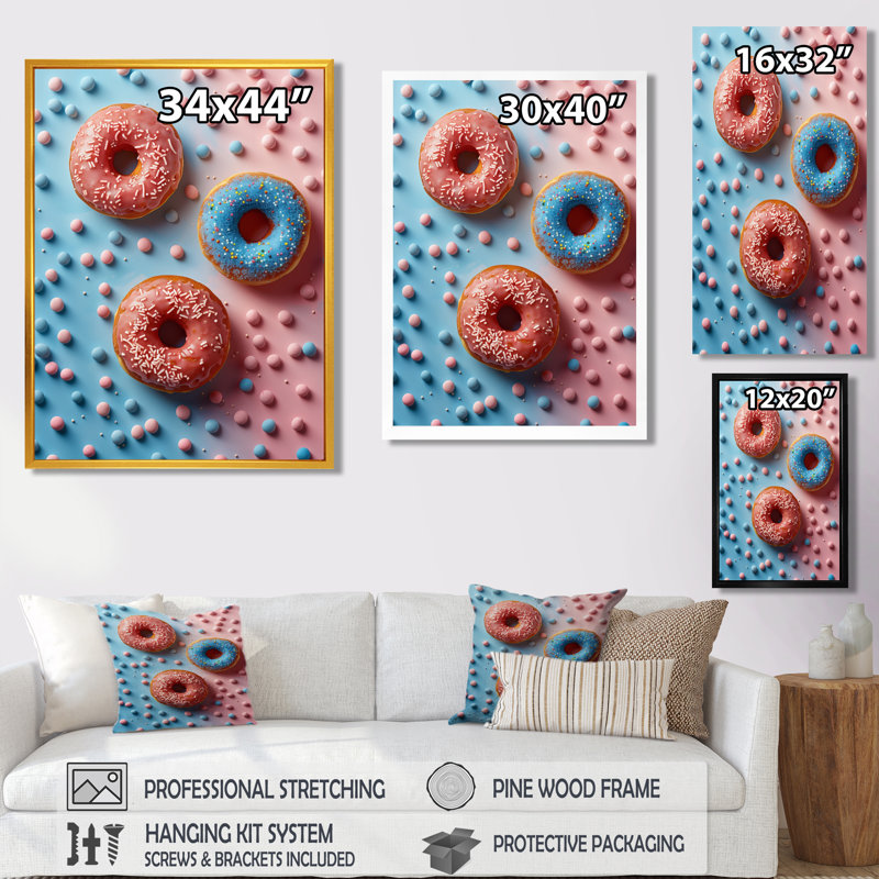 Délicieuse rose et bleue Sparkle Donuts III, H 20 po x l 12 po x P 1 po, Toile encadrée noire simple