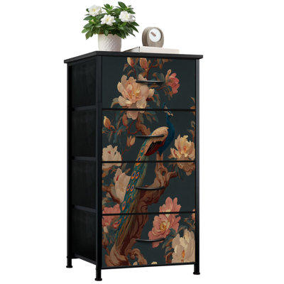 Commode pour la chambre à coucher avec 4 tiroirs de rangement Élégant paon perché dans un arbre fleuri Commodes florales en plumes Commode en acier à armoires en tissu pour vestibule