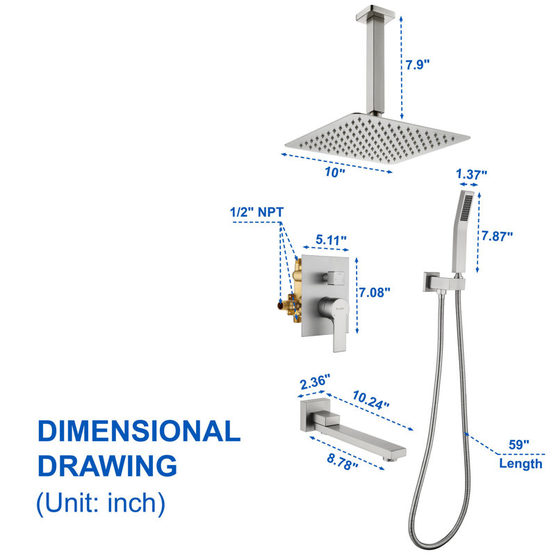 Ceiling Rain Shower System With Tub Spout 3 Function Shower Faucet Set Contain 10 Inch Shower Head And Handheld Shower Trim Kit Valve Cartridge Included