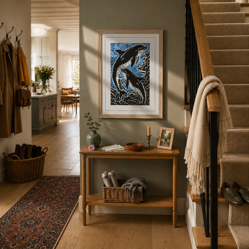 Leaping Whales Coastal - Framed Print, A2 - 59.4 x 42.0 cm, Oak