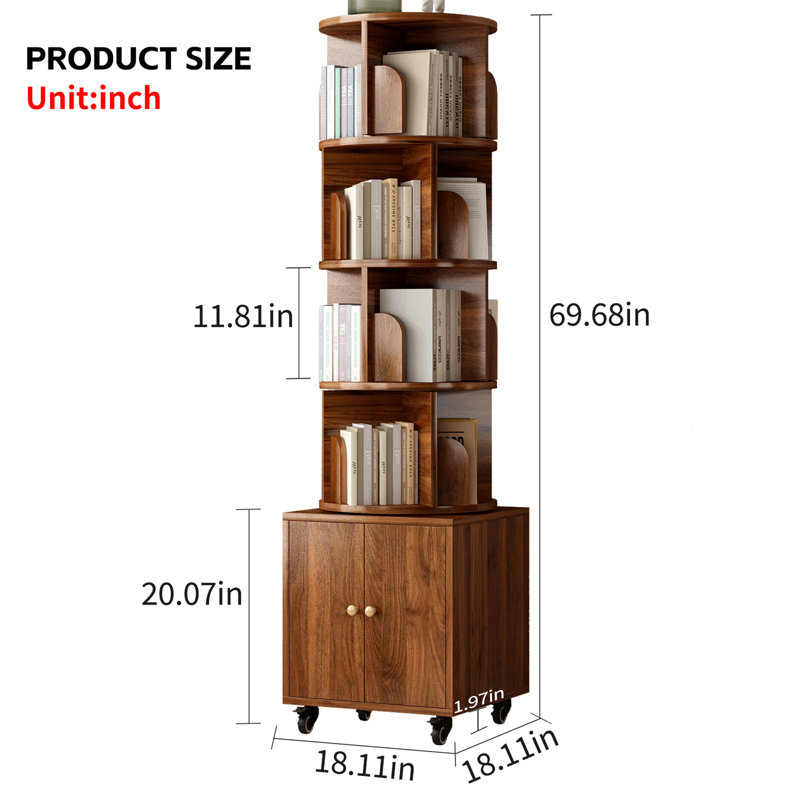 Rotating 5-Tier Wooden Corner Bookshelf with Drawer - Compact Floor Standing Storage (Walnut), Walnut Brown