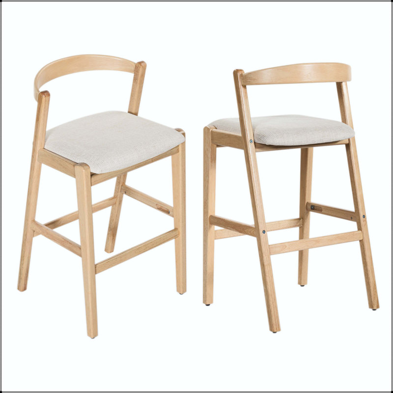Tabouret en bois d'hévéa - Finition naturelle avec coussin en polyester beige, Naturel