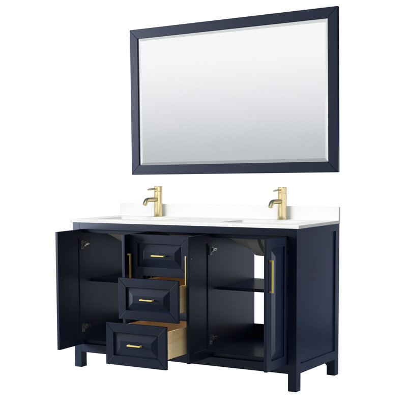 Daria Double Bathroom Vanity Set with Mirror, Dark Blue, Brushed Gold, 60"