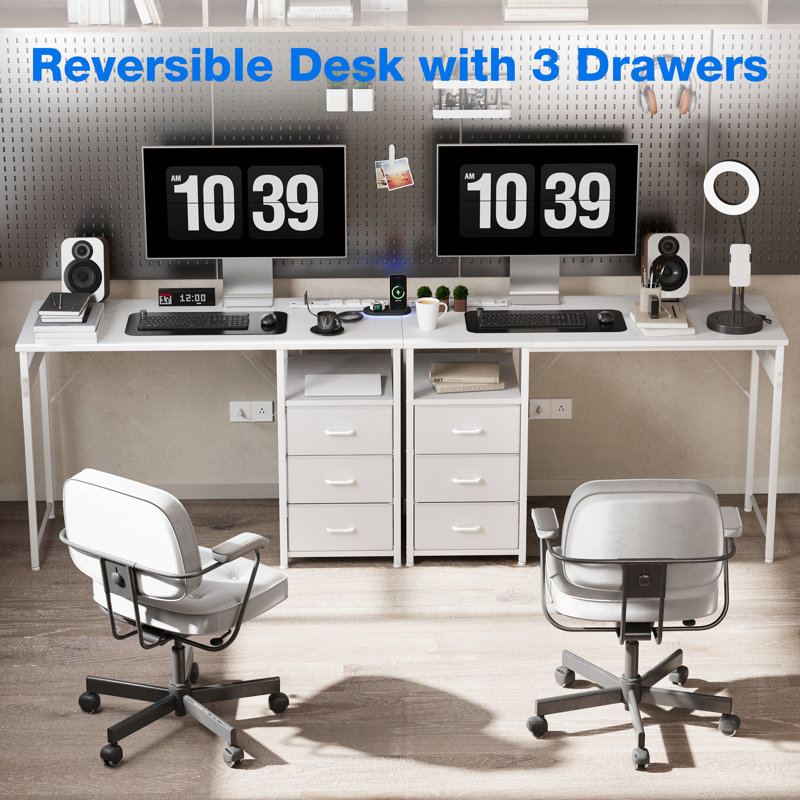 Kiere Reversible Writing Desk with 3-Tier Fabric Drawers,Home Office Desk with Built-in Power Outlets & Hook, White