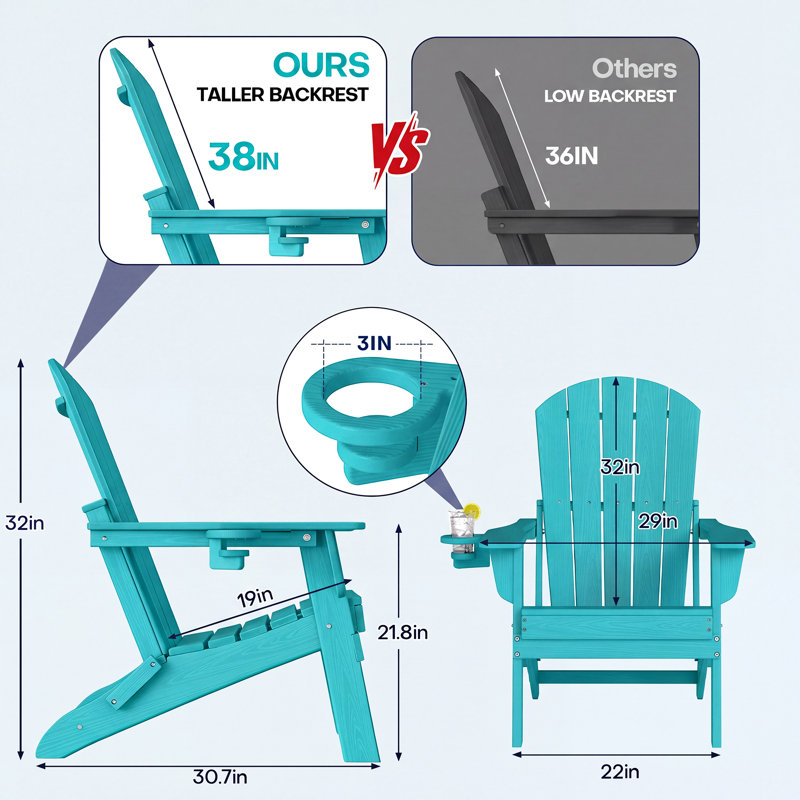 6-Piece Folding Adirondack Chair Set – All-Weather HDPE Outdoor Lounge Chairs with Cup Holders, Classic Firepit Seating for Patio, Backyard, Deck, or Garden