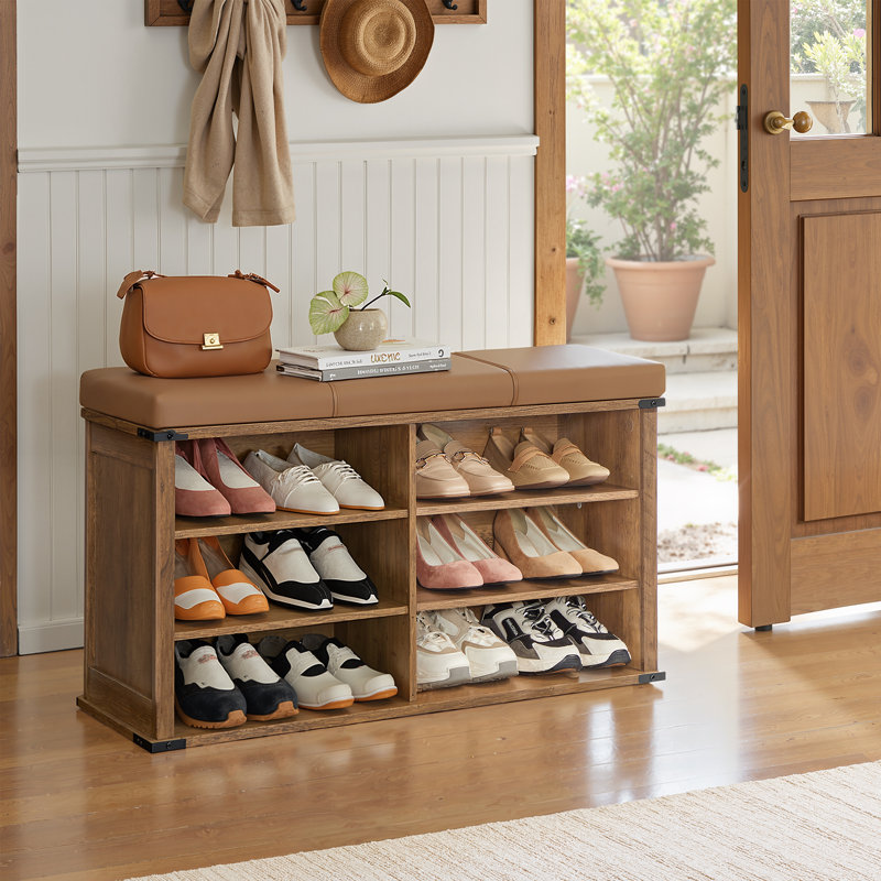 Banc de rangement pour 12 paires de chaussures avec coussin, Brun