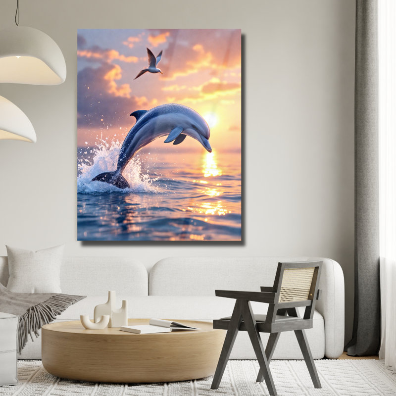 Art mural en verre trempé dauphin, H 30 po x l 20 po