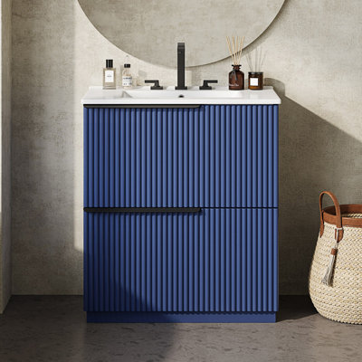 Meuble-lavabo avec lavabo en céramique et tiroirs pleine extension, meuble-lavabo autoportant avec glissières de tiroir à fermeture en douceur