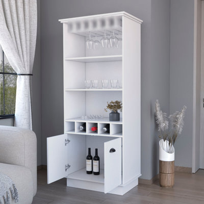 Bar blanc avec rangement fonctionnel - 3 tablettes, 5 bouteilles, organisateur de verrerie mis à jour pour l'organisation