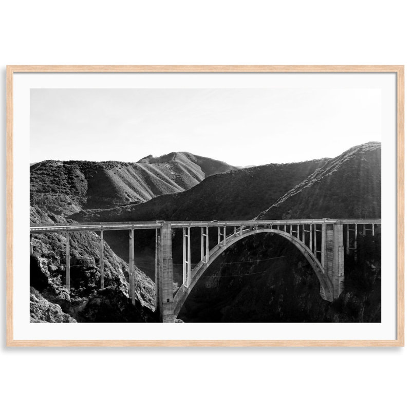 Bixby Bridge Black And White Print by Carly Tabak, 25" W x 18" H, Natural Wood
