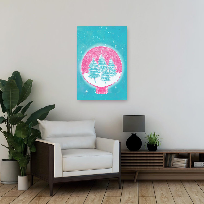 Magical Pink Snow Globe Dreamy Abstract Contemporary Christmas Tree Pine Tree Forest Winter Wall Art Print 1 Piece Wrapped Canvas Wall Art