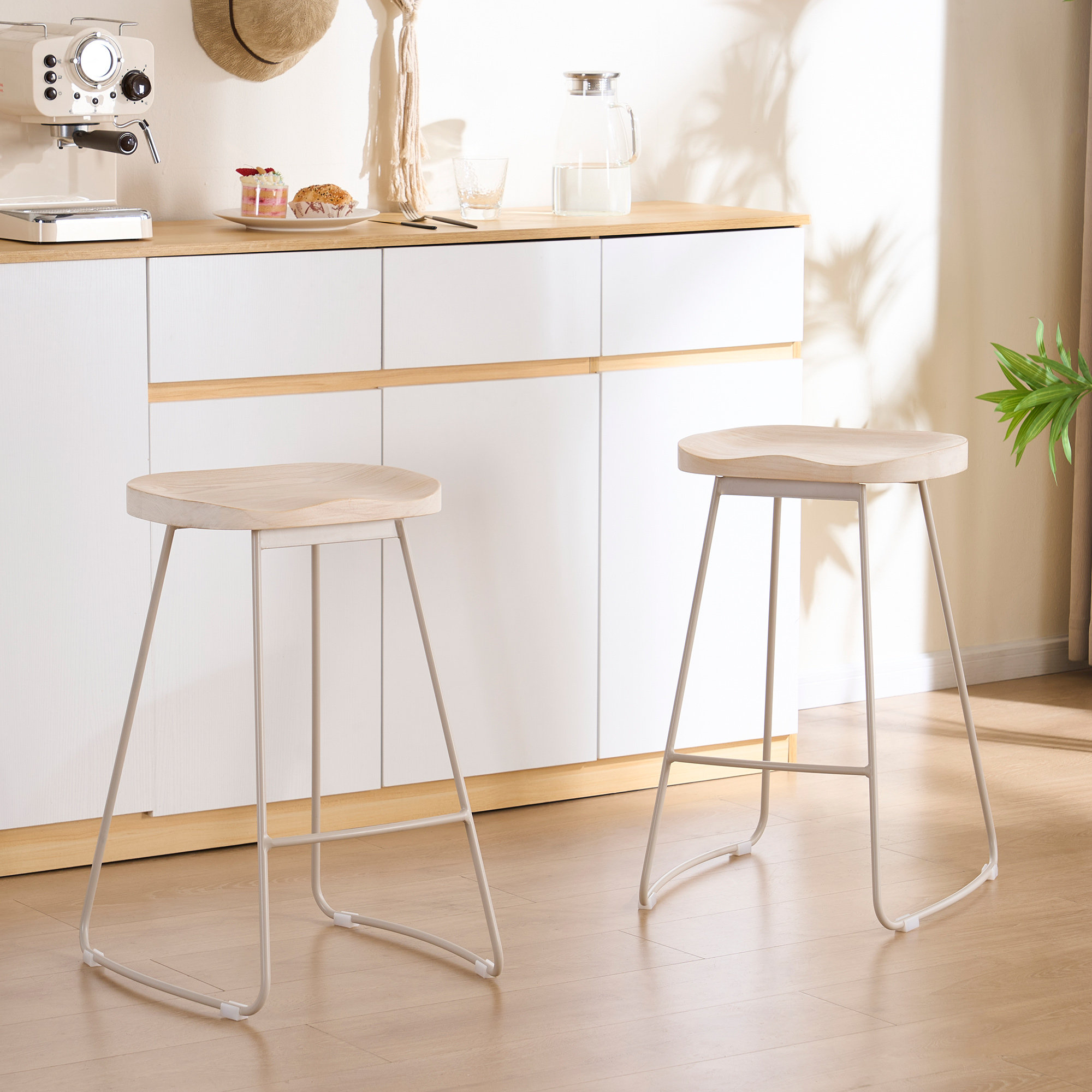 Dodger Solid Wood Stool, Beige, Cream