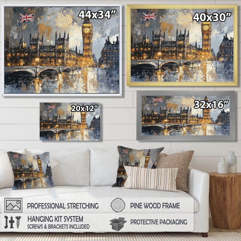 London Big Ben Landscape Glow I - London, art mural, H 24 po x l 32 po, Impression encadrée flottante, Brun