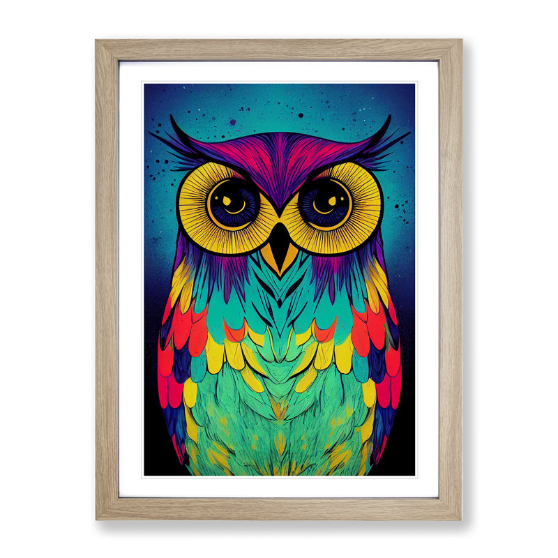 Paint Splashed Owl No.3 - Framed Print, 64cm H x 46cm W x 2cm D, Oak