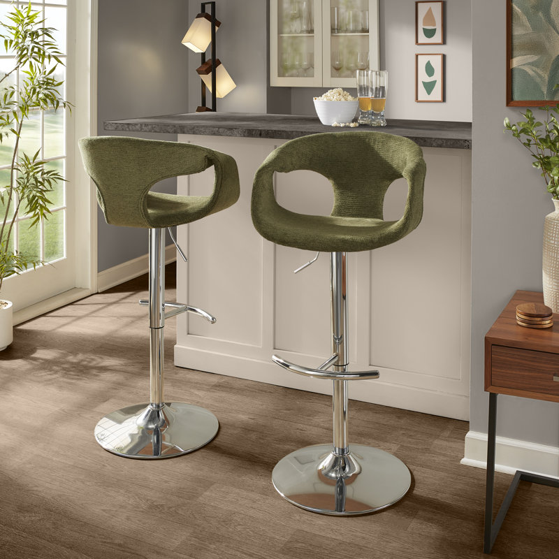Tabourets réglables Cassandra avec repose-pieds arrondi en T, Chrome, Polyester vert