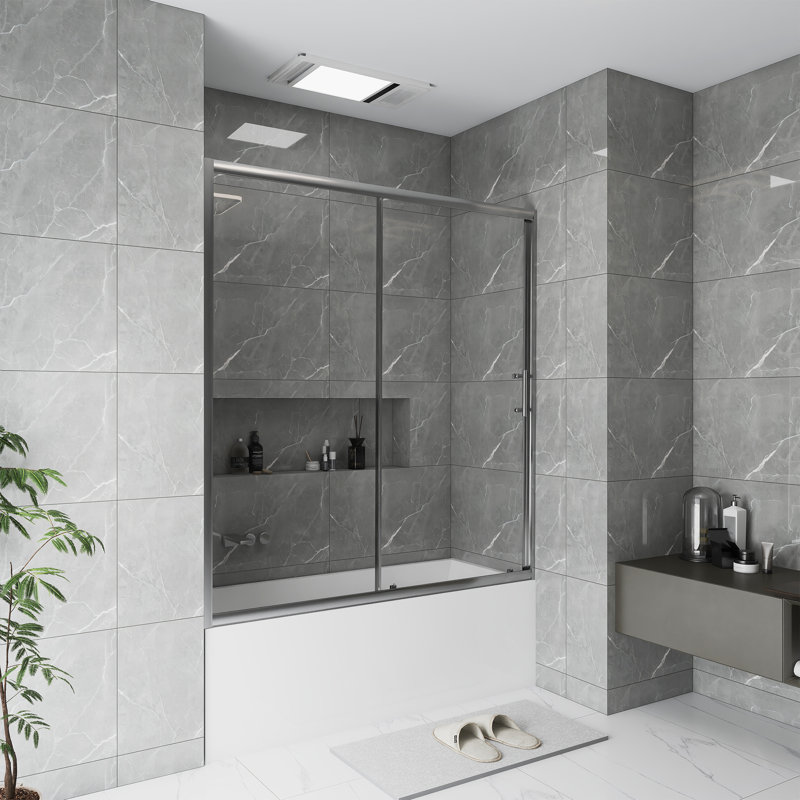 60.In W X 62.In H Bathtub Shower Screen | Single Sliding | 1/5 Inch Thick Transparent Tempered Glass | With Stainless Steel Handle | Chrome