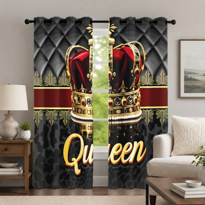 2 pièces de rideaux à motif de couronne royale, rideaux de fenêtre élégants à imprimé de lettres, rideaux à œillets décoratifs de style rétro, habillage de fenêtre pour le décor de la chambre à coucher