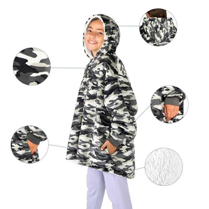 Couverture en sherpa à capuche portable, Camouflage - gris, Jeunesse