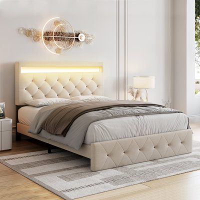 Upholstered Queen Bed Frame with Adjustable Headboard, LED Lights & Charging Station, Wooden Slats, Noise Free, No Box Spring Needed, Beige