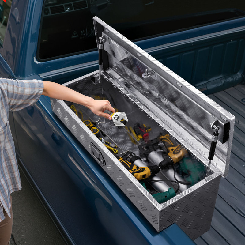 Coffre à outils pour benne de camionnette, 86 x 30 x 39 cm, en aluminium robuste avec motif antidérapant, coffre de rangement avec serrure et clé, pour benne de camionnette, VR ou remorque, couleur argent, idéal pour les pick-ups.