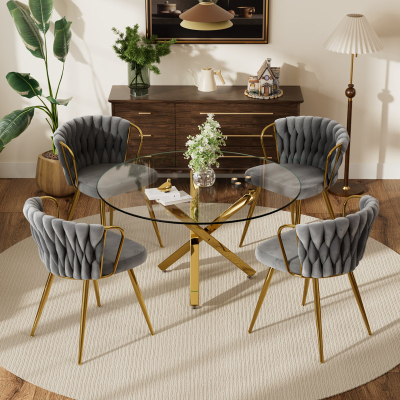 47in Glass Top Pedestal Dining Set, 5 Pieces: Table, 4 Chairs, Gray, Gold