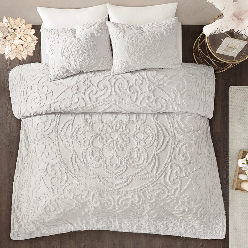 Édredon très grand en médaillon en chenille de coton gris très grand / très grand, Édredon très grand + 2 taies décoratives