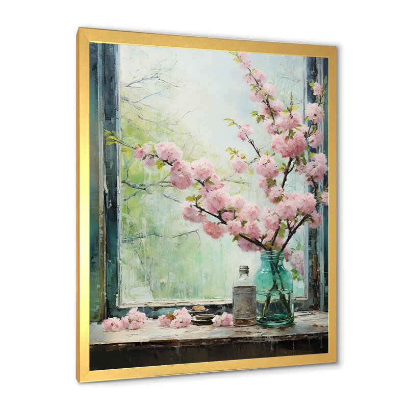 Fleurs roses du Japon, vue de fenêtre - Japon, art mural, Cadre photo doré simple, H 32 po x l 16 po x P 1 po