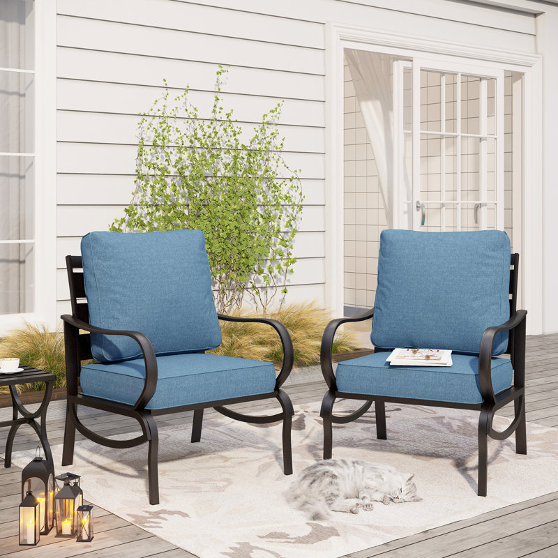 Argirios Metal Patio Chair with Cushions(Set of 2), Denim Blue