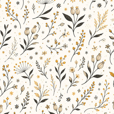 Papier peint adhésif minimaliste vintage à motifs floraux, feuilles noires et accents orange doré. Décoration murale amovible et autocollante pour chambre, cuisine et placards. 45 cm x 300 cm.