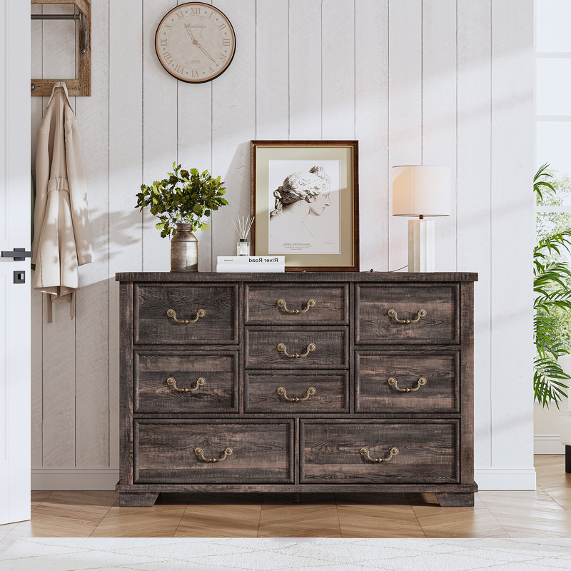 Dark Rustic Oak 9-Drawer Antique Wood Dresser with Metal Handles