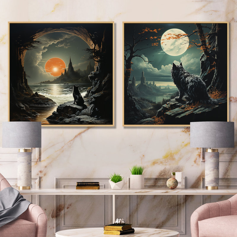 Loup hurlant à la lune I - animaux loup, ensemble de 2 reproductions d'art sur toile, H 16 po x l 33 po x P 1 po