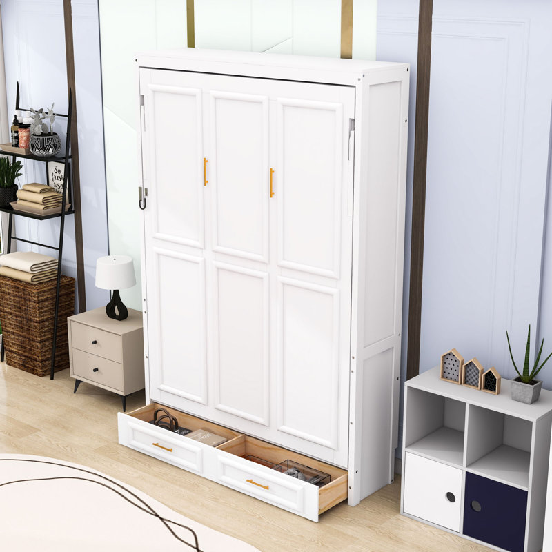Lit escamotable double en bois avec tête de lit et 2 tiroirs