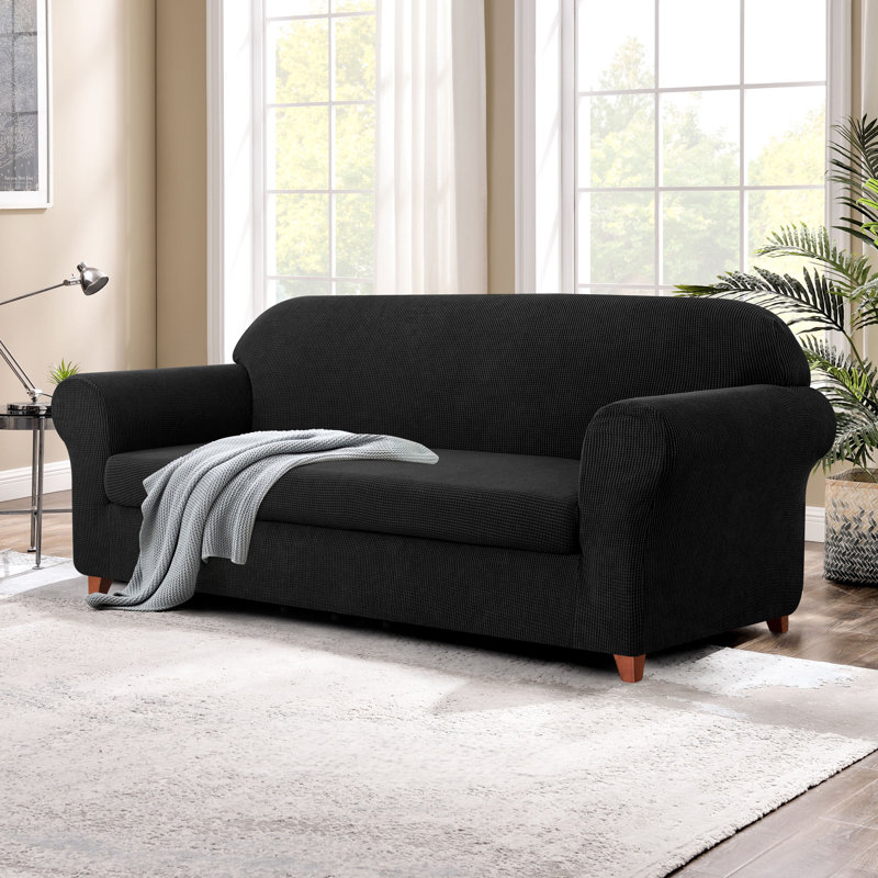 Housse de canapé en jacquard 2 pièces, housse extensible en polyester spandex pour le salon, protection facile à installer et lavable (causeuse, noir)
