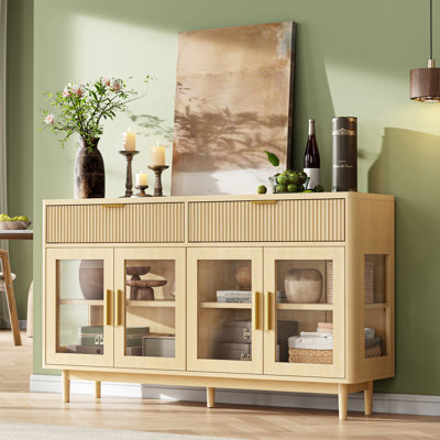Buffet Alous Modern Farmhouse avec portes en verre et quincaillerie dorée, meuble télé 59 po