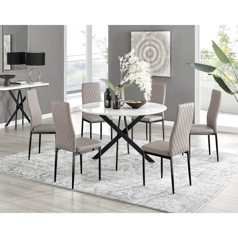 Tierra Modern Chrome Metal & Glass Round Dining Table Set with 4 Quilted Faux Leather Chairs, Black, Cappuccino/Black