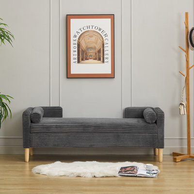 65.35" Wide Corduroy Storage Bed Bench With , 2 Bolster Pillows, And Wood Legs, For End Of Hallway, Charcoal Rubber Bedroom