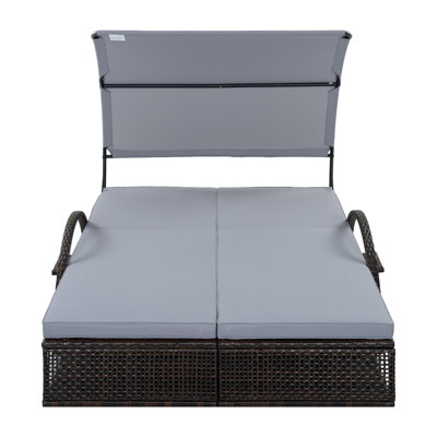 Double Outdoor Sunbed With Canopy And Hidden Pop-Up Tables