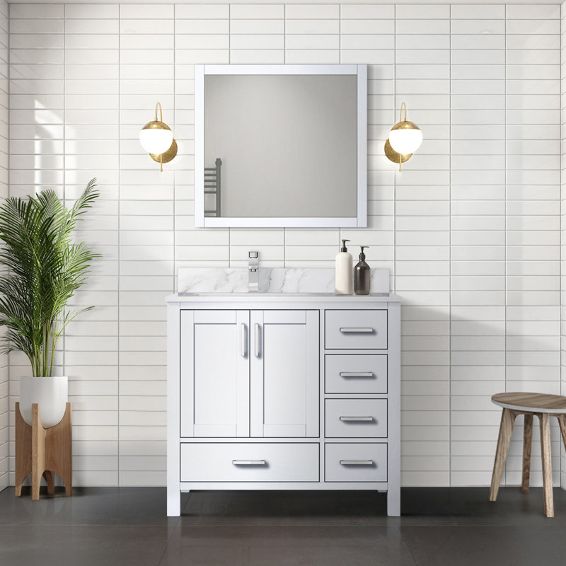 Meuble-lavabo de salle de bain 36 po X P 22 po D, plateau en marbre de Carrare décalé à gauche et Miroirs