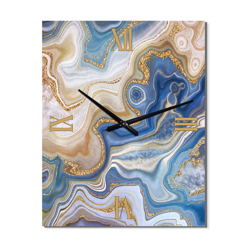 Horloge murale abstraite en métal Ocean Blue Golden Jasper Agate II, Grand