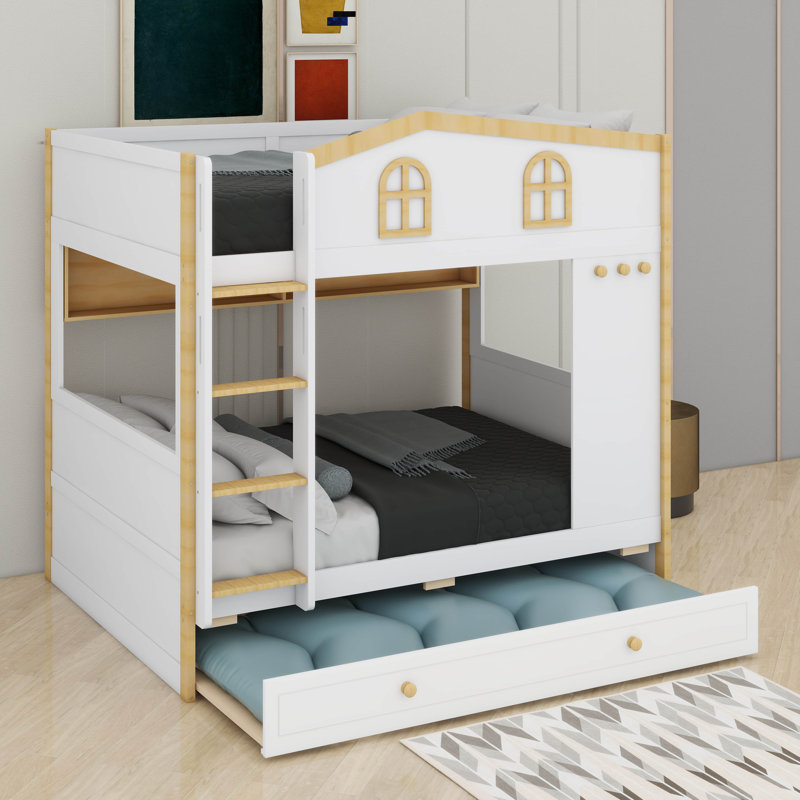 Lit superposé en bois avec lit gigogne, cadre de lit superposé avec tablettes, fenêtre, garde-corps, Double sur double